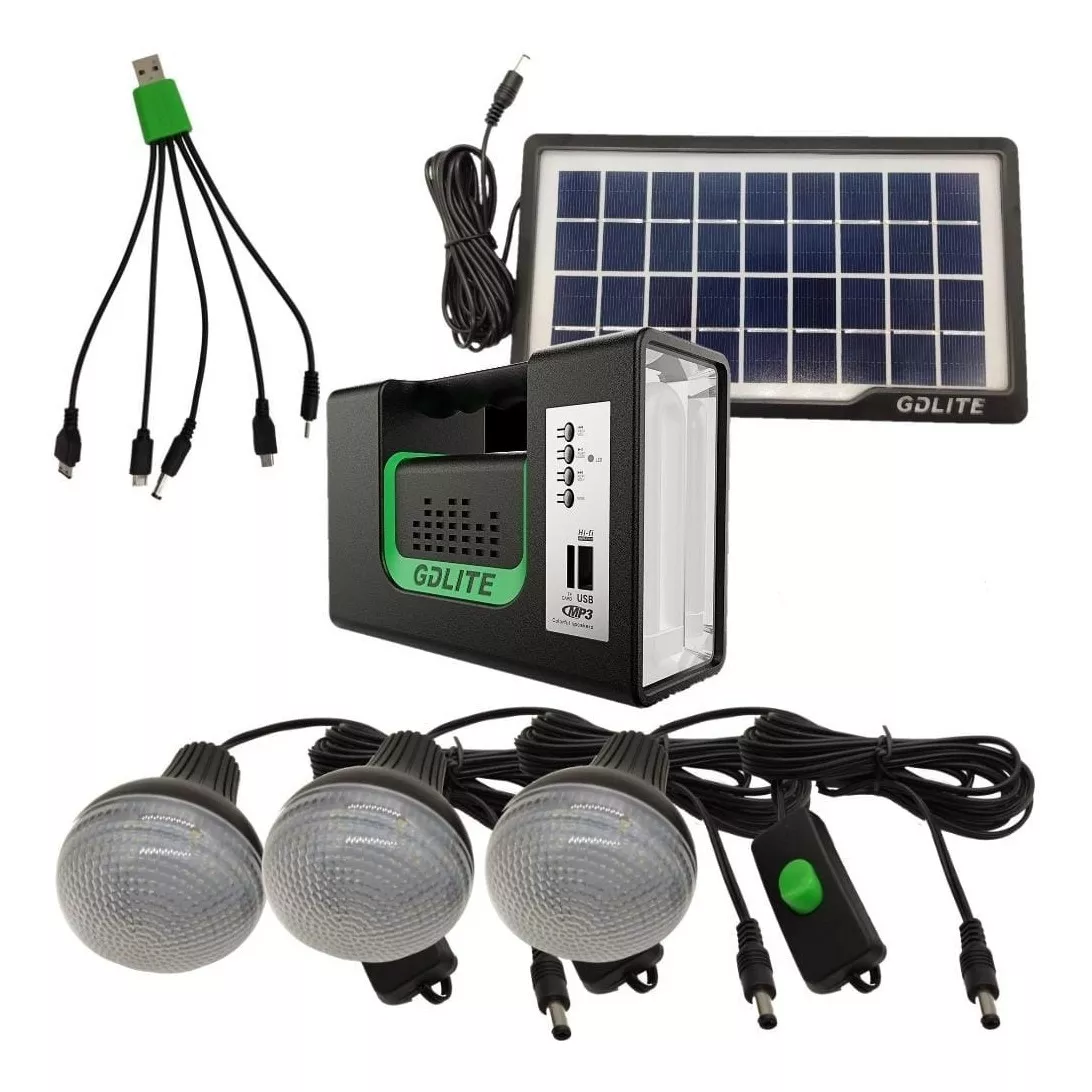 დინამიკი | GDLITE Solar Lighting System With FM Radio, MP3, Pen Drive Slot, SD Card , 3pcs Led Bulbs, 5 Charging Cables, Solar Panel Power Bank – Black